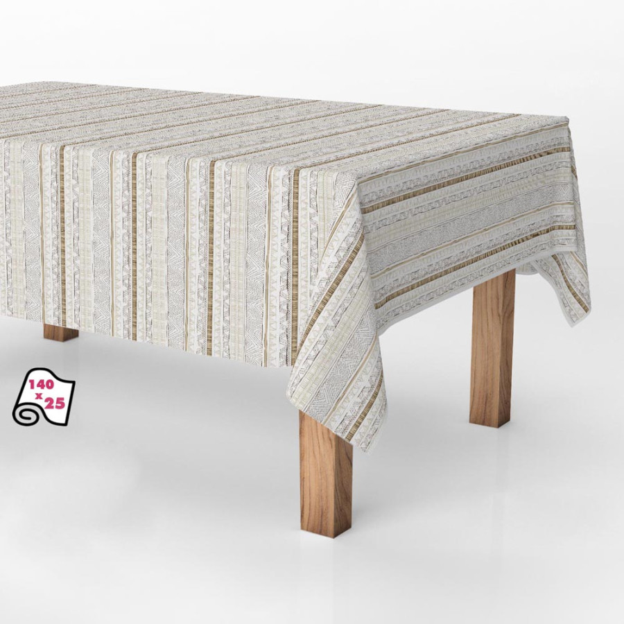 Rolo de toalha de mesa anti-nódoas desenhos riscas bege 140cm x 25m exma